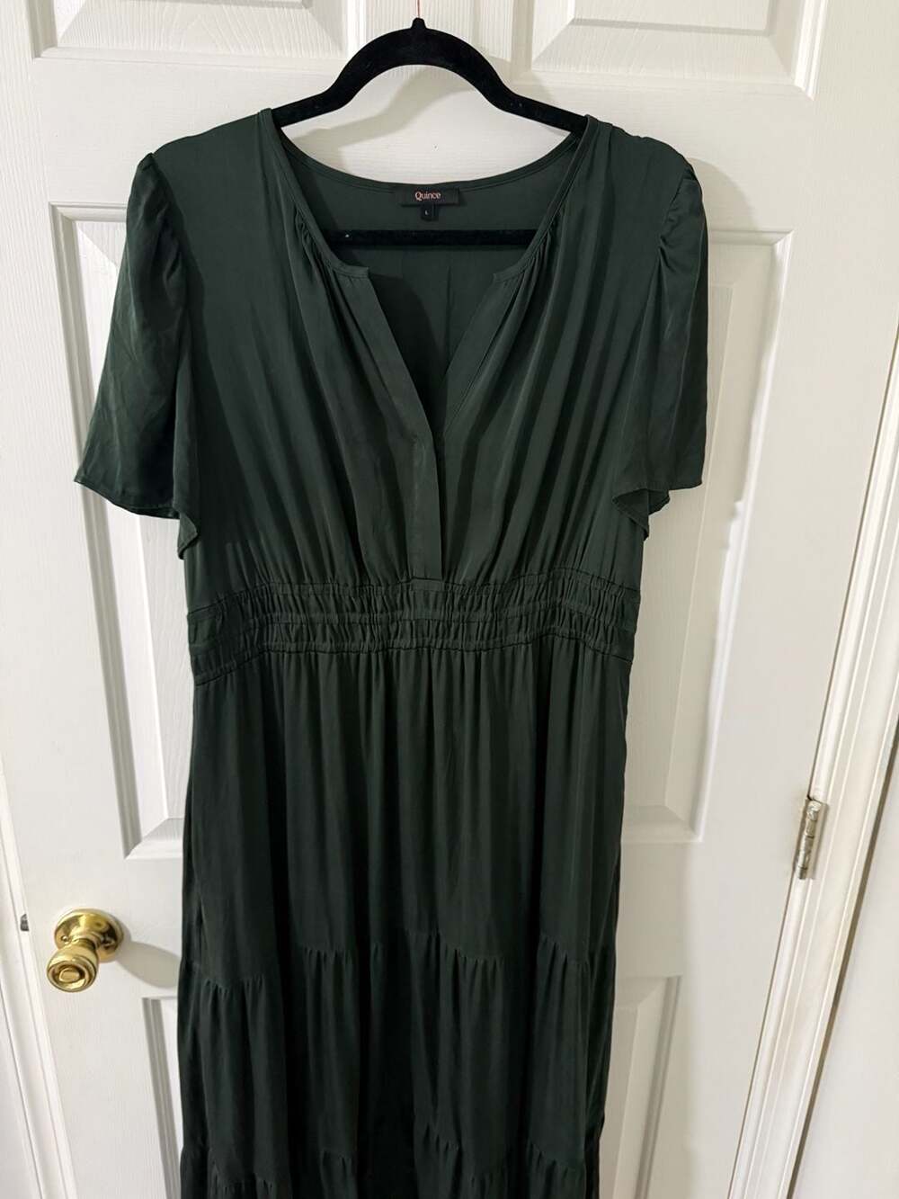 Quince Washable Stretch Silk Tiered Maxi Dress Size L Forest Green